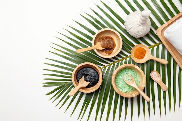 Spa composition with bath salt , body scrub and accessories. Flat lay, top view.