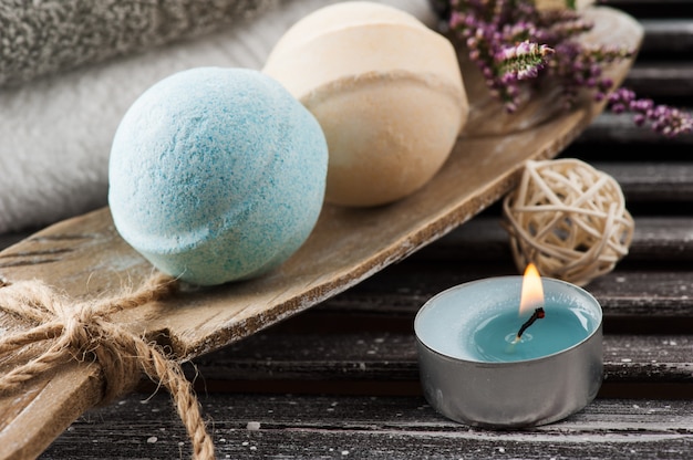 SPA composition with blue vanilla bath bombs, heather flowers