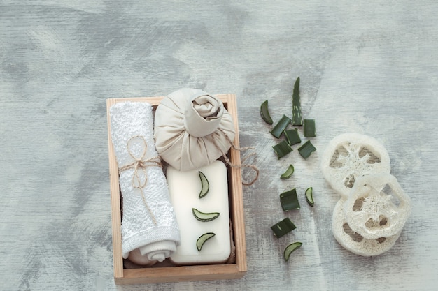 Spa composition with body care items on a light background.