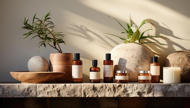 spa composition with body care items on a light wall