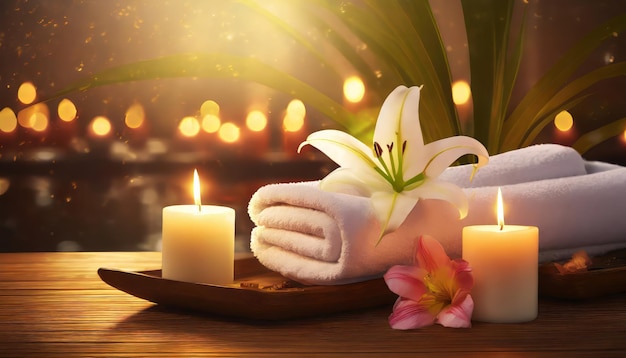 Spa composition with burning candles lily flower and towels on wooden table in wellness center