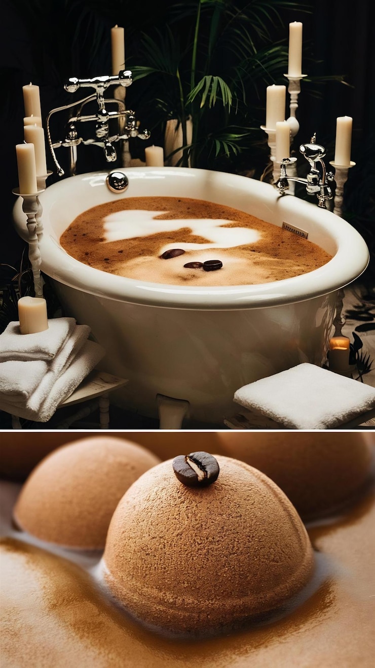 Photo spa composition with coffee bath bomb closeup