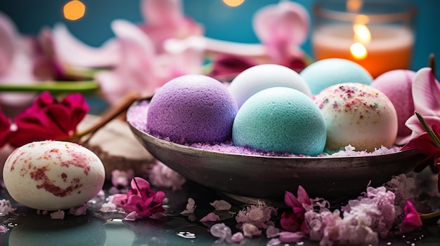 spa composition with colorful bath bombs