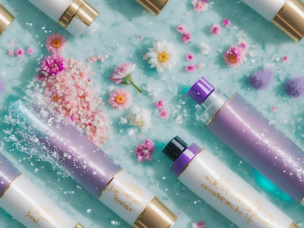 Photo spa composition with facial care products among small flower petals