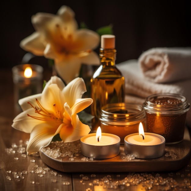 Foto composizione spa con fiori candele e olio da massaggio