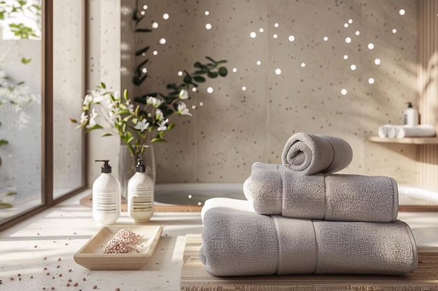 Spa composition with grey towels and plants