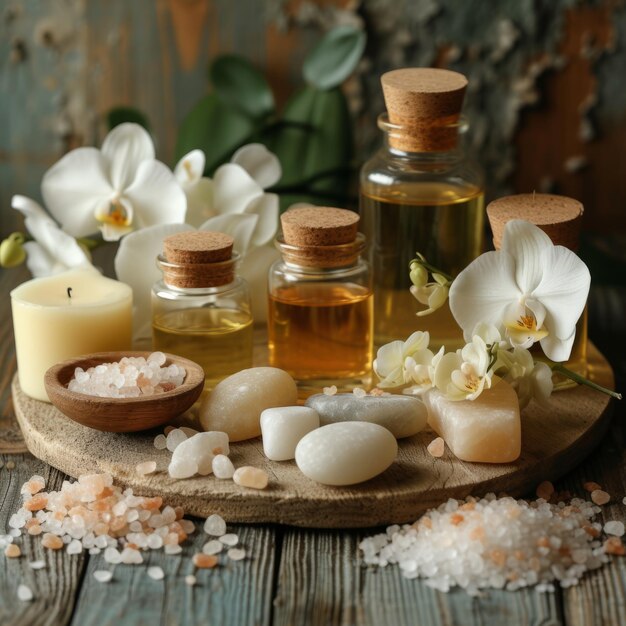 Spa composition with orchid flowers and aroma oils on wooden background