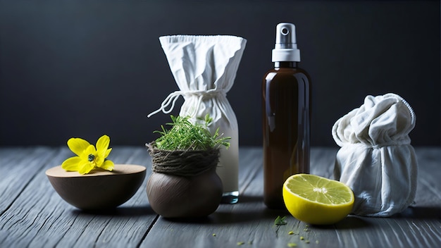 Spa composition with towels aromatic oil foliage on a massage table in wellness center