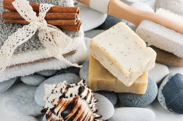 Spa composition with towels, cinnamon, soap