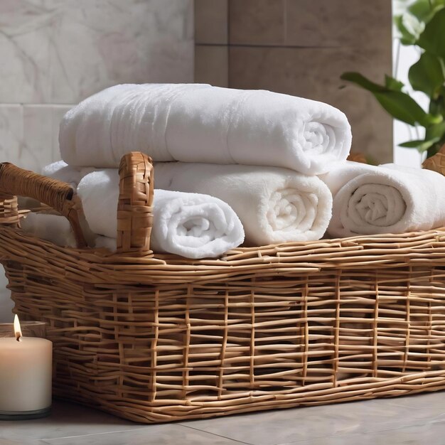 Spa composition with towels in a wicker basket