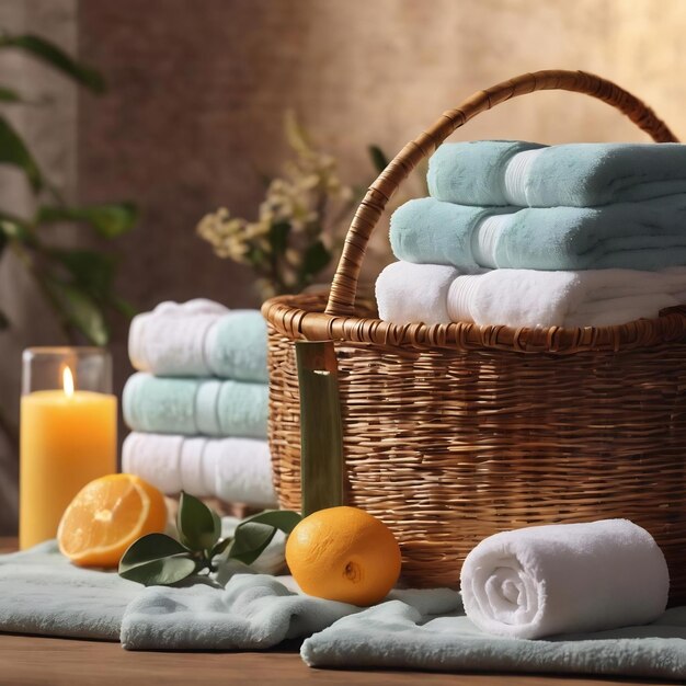 Spa composition with towels in a wicker basket