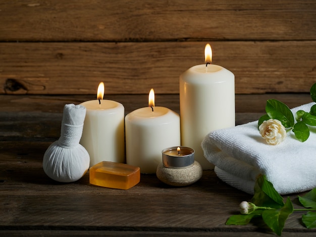 Spa composition on wooden background.