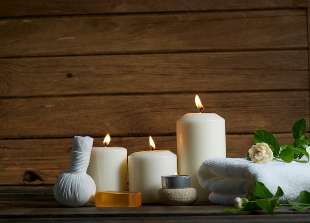 Spa composition on wooden background.