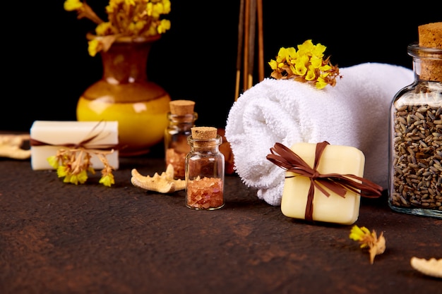 Spa concept. Aromatic candles, towel