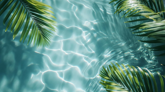 Spa concept met palmblad in golvend water Transparante tropische water textuur oppervlak met palmblad Top view schoonheid achtergrond mockup spa en wellness copy space