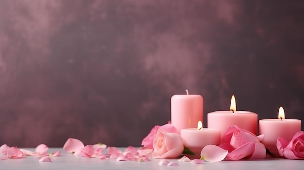 Spa concept roze bloemen rozen en kaarslicht in spa salon achtergrond Generatieve ai