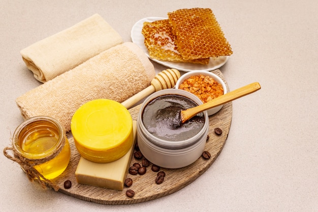 Spa concept. Self care with honey, coffee and turmeric. Natural organic cosmetics, homemade product, alternative lifestyle