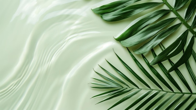Spa concept with palm leaf in wavy water Transparent tropical water texture surface with palm leaves Top view beauty backdrop mockup spa and wellness copy space