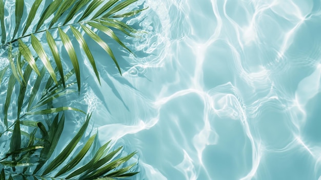 Spa concept with palm leaf in wavy water Transparent tropical water texture surface with palm leaves Top view beauty backdrop mockup spa and wellness copy space