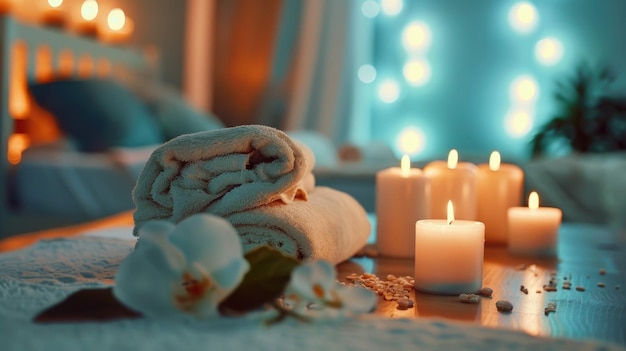 Spa concept with towels plumeria flowers and candles