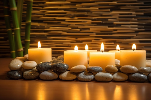 Концепция спа с элементами оздоровительной и оздоровительной терапии Ай Бамбуковые свечи и камни спа натюрморт