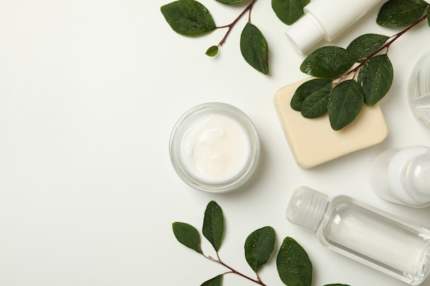 Spa cosmetic products and branches with leaves isolated