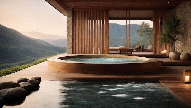 Spa de Bienestar Zen met Elementos de Agua Piedra y Madera