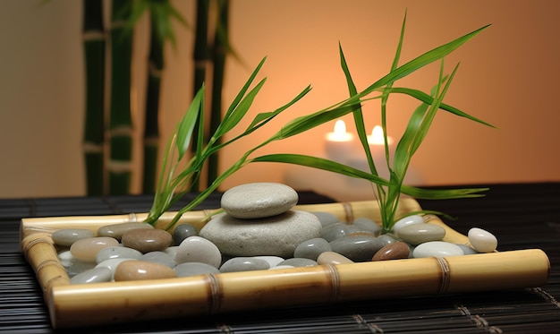 Spa-decoratie met bamboestenen en kaarsen voor ontspanning Creëren met behulp van generatieve AI-tools