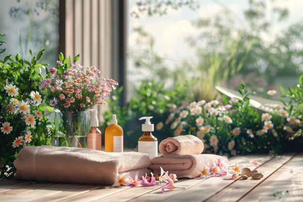 Spa- en wellnessomgeving met bloemen en handdoeken Dayspa natuurproducten