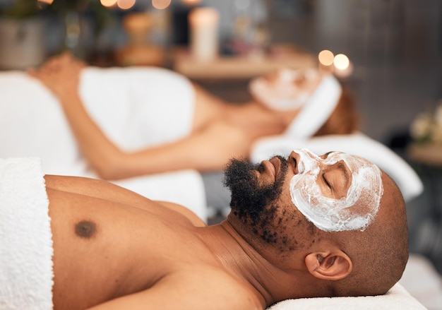 Spa facial and couple relax with skincare beauty and cosmetic treatment wellness and pamper Man woman and face skin and body care at luxury salon in Thailand zen peace and serenity together