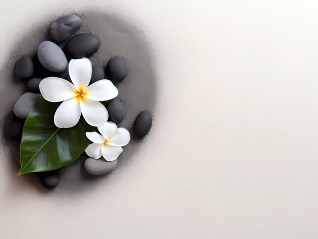 Foto spa gladde zwarte stenen op een wit zand en prachtige bloemen achtergrond kopieer ruimte voor tekst banner