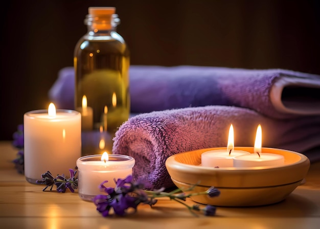 Photo spa ingredients with lavender massage oil candles and purple towel showcase for the presentation