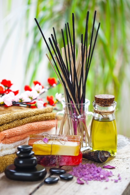 Spa items in composition on the table