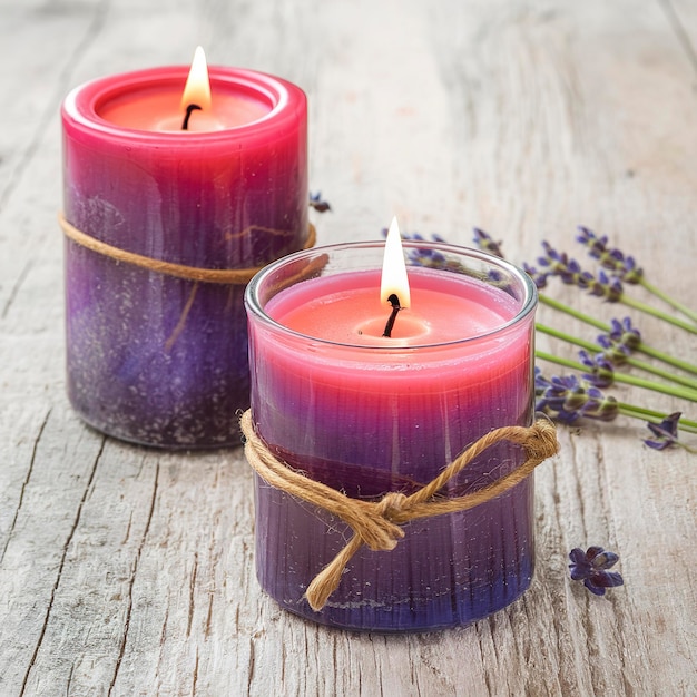 Foto spa kaarsen en lavendelbloemen op een houten achtergrond