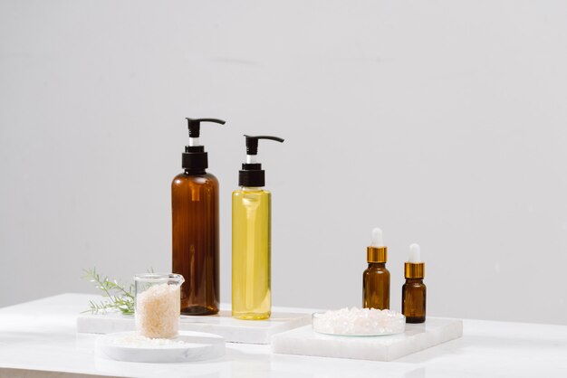 spa kit. shampoo, soap bar and liquid. shower gel. aromatherapy salt
