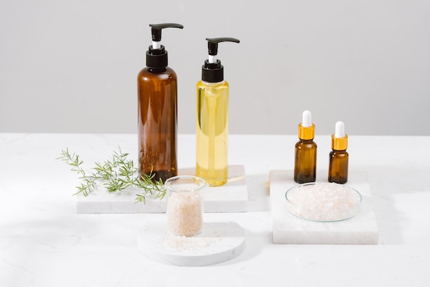 spa kit. shampoo, soap bar and liquid. shower gel. aromatherapy salt