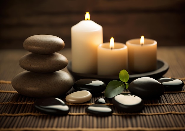 Spa massage concept Ai Stones with candles on bamboo mat