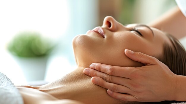 A spa massage and facial and neck treatment for relaxation and tranquility Closeup kinesitherapy