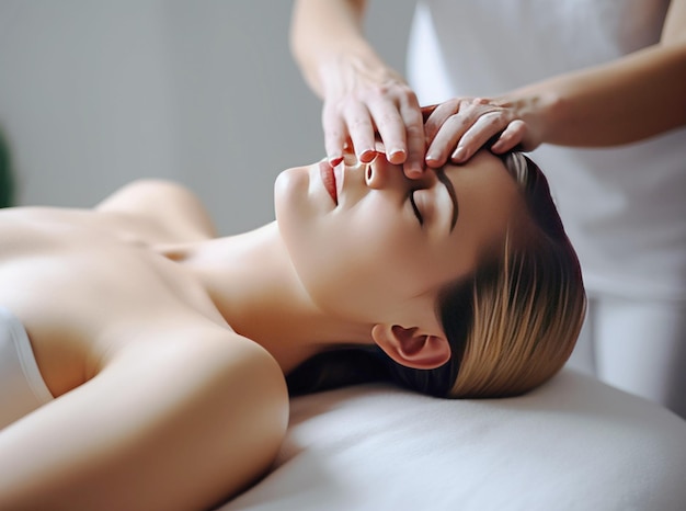 SPA massage of head neck of a happy woman Beautiful body wellness relaxation AI generated Hands