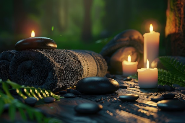 Spa-massage met kaarsen, hete stenen en varens.