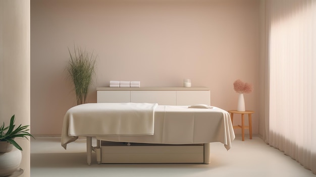 Spa massage room in beige tones and wood Generative AI