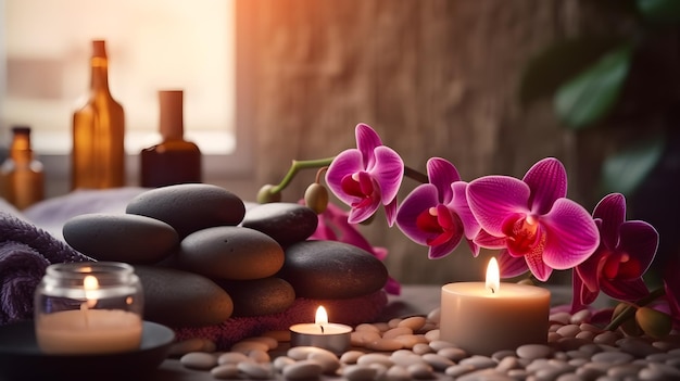 Spa Massage Stones With Candles And Towels On Bamboo Mat Meditation Concept