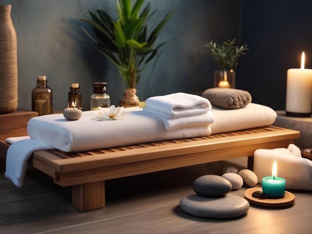 Spa Massage Wooden Table with candles oil stones towels lifestyle background