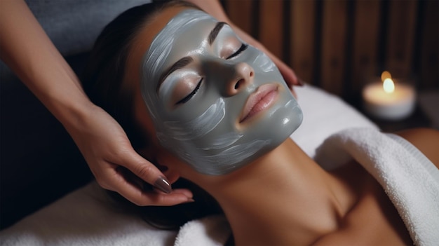 Spa massage for young woman with facial mask on face indoors