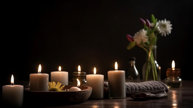 Спа или центр медитативной массажной терапии, сервировка стола ароматическими свечами, полотенцами