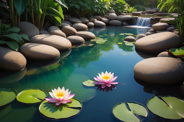 Spa natural alternative therapy with massage stones and waterlily in water