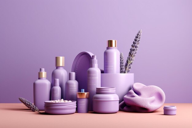 Spa products on lavender background in the style of realistic Generative AI