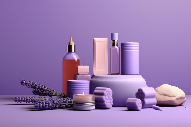 Spa products on lavender background in the style of realistic Generative AI