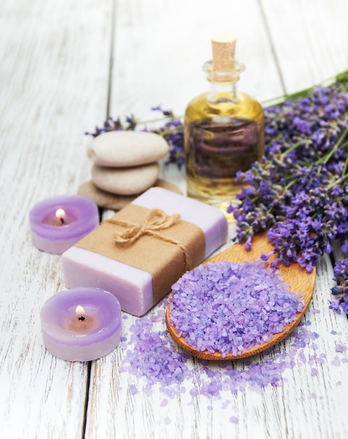 Spa products and lavender flowers