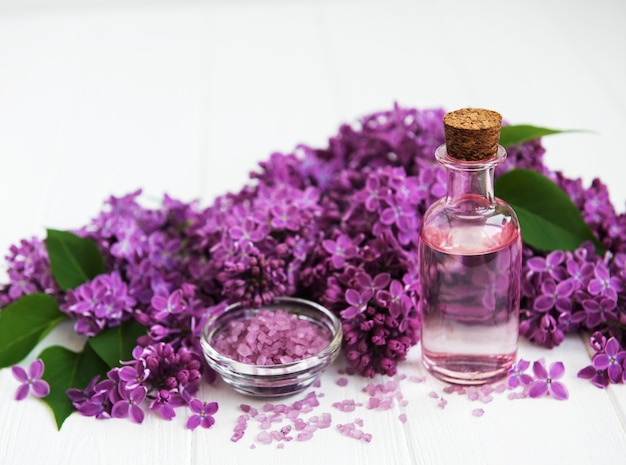 Spa products and lilac flowers